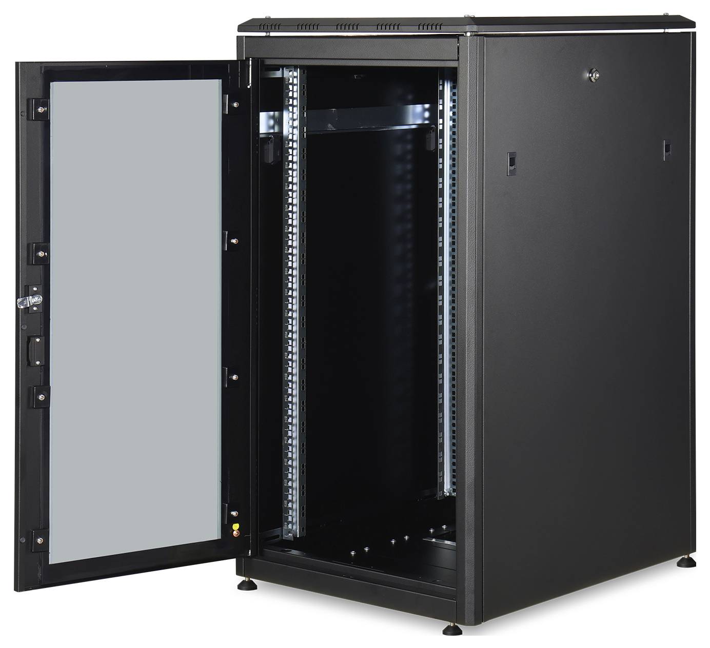 Un rack serveur ouvert noir avec porte en verre, adapté pour le stockage et l'organisation des équipements réseau.
