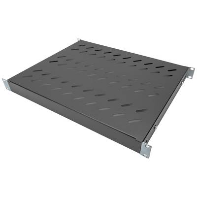 Tiroir métallique noir rectangulaire avec fentes de ventilation, adapté pour un montage en rack 19 pouces. Idéal pour le rangement d'équipements.