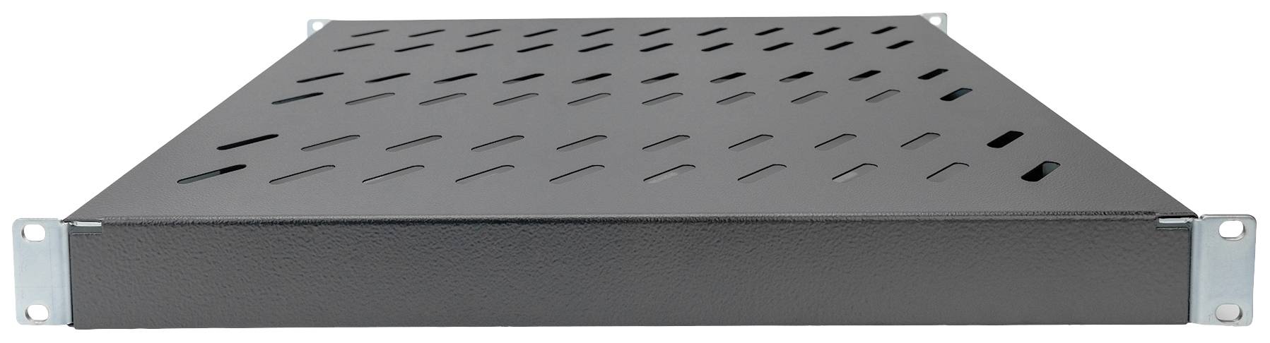 Un rack métallique noir et ventilé avec des supports de montage pour une installation dans un bâti de serveur ou de réseau.