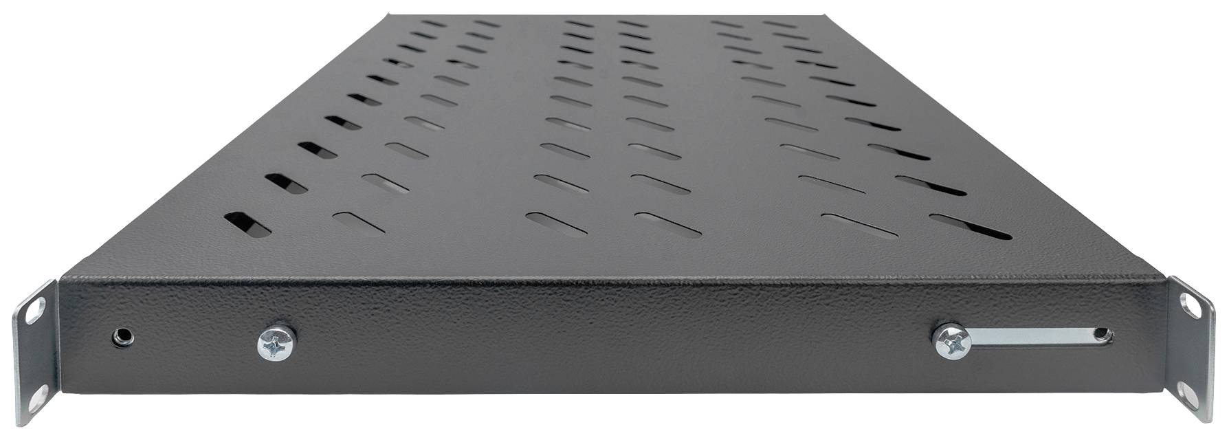 Étagère de rack noir en métal perforé, 1U, pour montage mural ou en armoire dans des installations informatiques ou audio, vue de face.