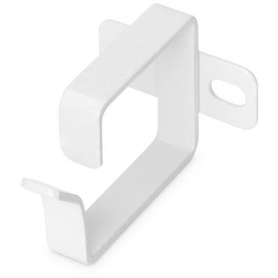 Support métallique blanc, en forme de L, avec deux trous de fixation, adapté pour la fixation murale ou l'attache d'objets.