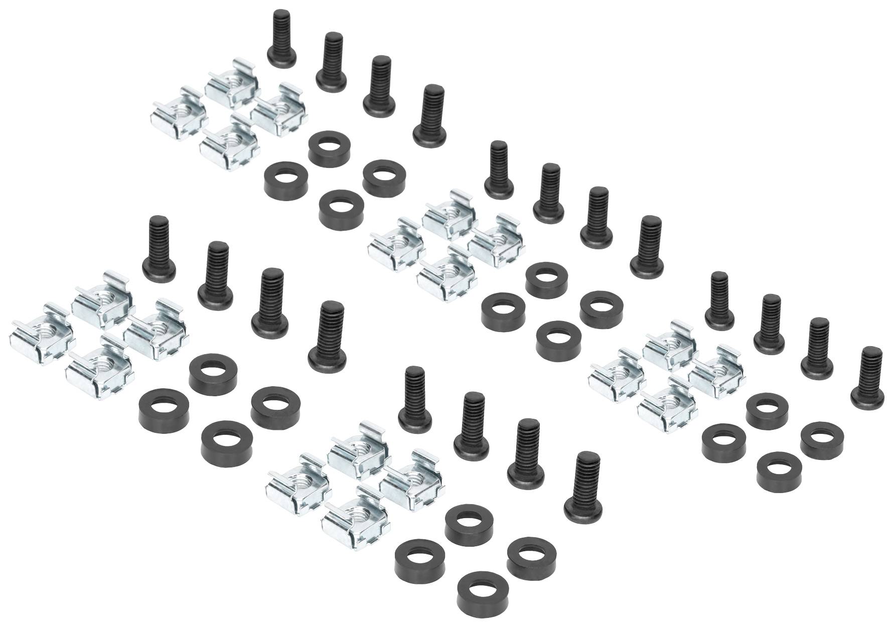 Vis, rondelles et attaches disposées en trois rangées. Composants métalliques et noirs utilisés pour les assemblages.