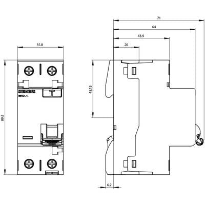 Dessin technique d'un module de contacteur électrique avec indications dimensionnelles. Les vues frontale et latérale présentent la largeur, la hauteur et la profondeur.