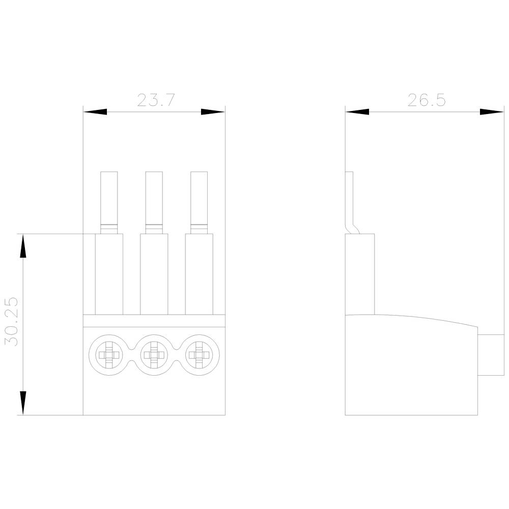 Dessin d'un connecteur électrique à trois contacts. Dimensions : 23,7 mm de largeur, 30,25 mm de hauteur et 26,5 mm de profondeur.