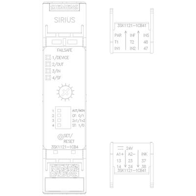 Manuel représentant un appareil Siemens SIRIUS avec un indicateur de sécurité intégrée et des bornes de connexion, illustrant les fonctions de commande et de sécurité.