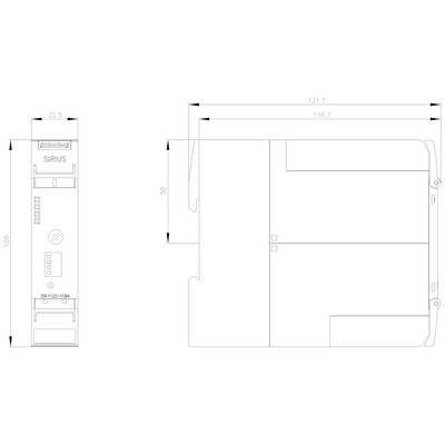Dessin technique d'une unité de commande électrique rectangulaire avec les dimensions suivantes : 100x22,5 mm de face, 50x121,7 mm sur le côté.