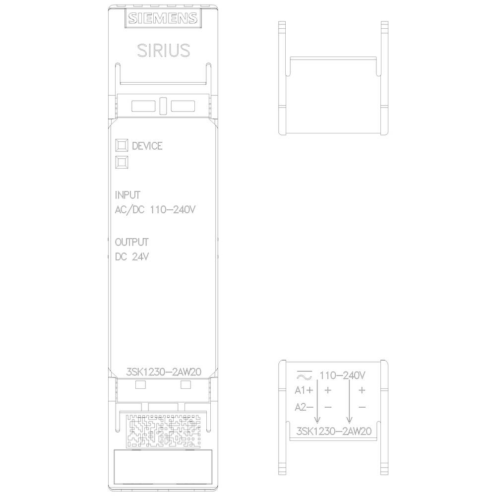 Dessin technique d'un dispositif Siemens SIRIUS 3SK1230-2AW20. Présente les vues de face et de côté avec des détails de connexion et les tensions d'entrée/sortie.