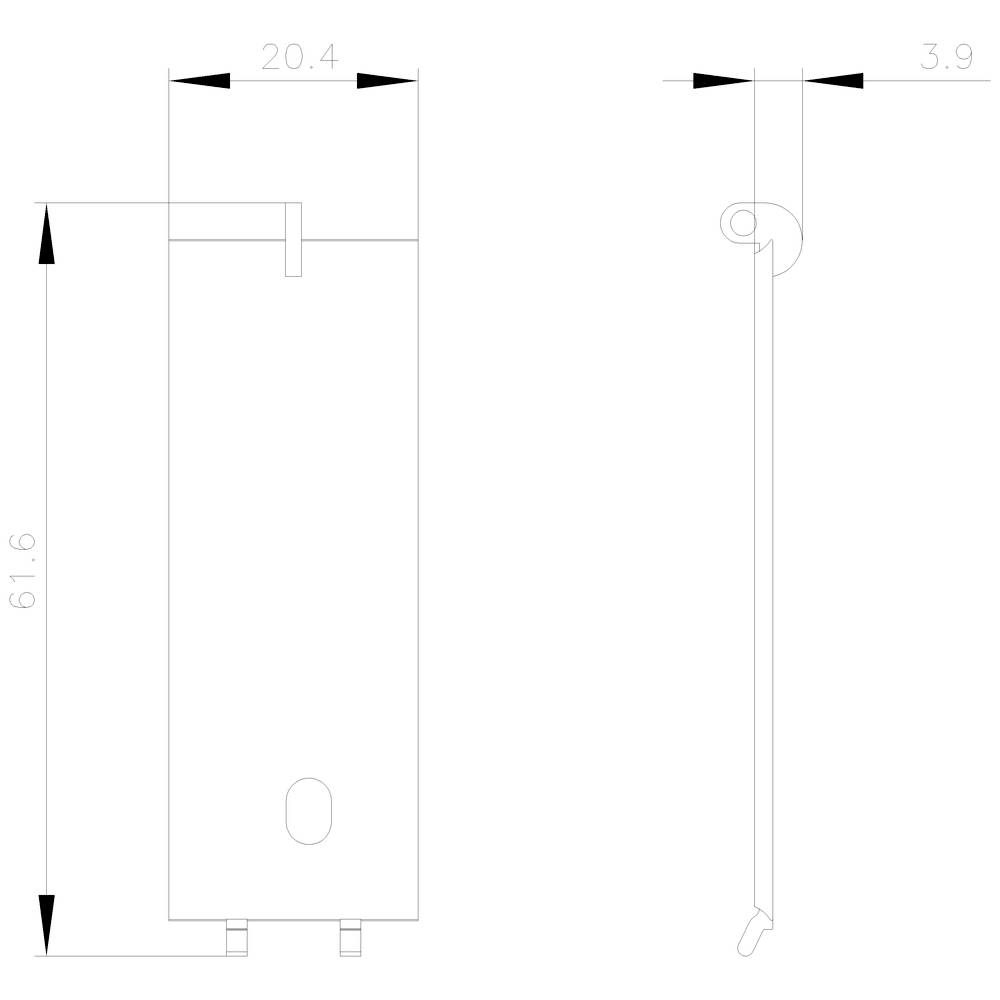 Dessin technique d'un réservoir rectangulaire avec dimensions : hauteur 61,6, largeur 20,4, crochet à droite, largeur 3,9.