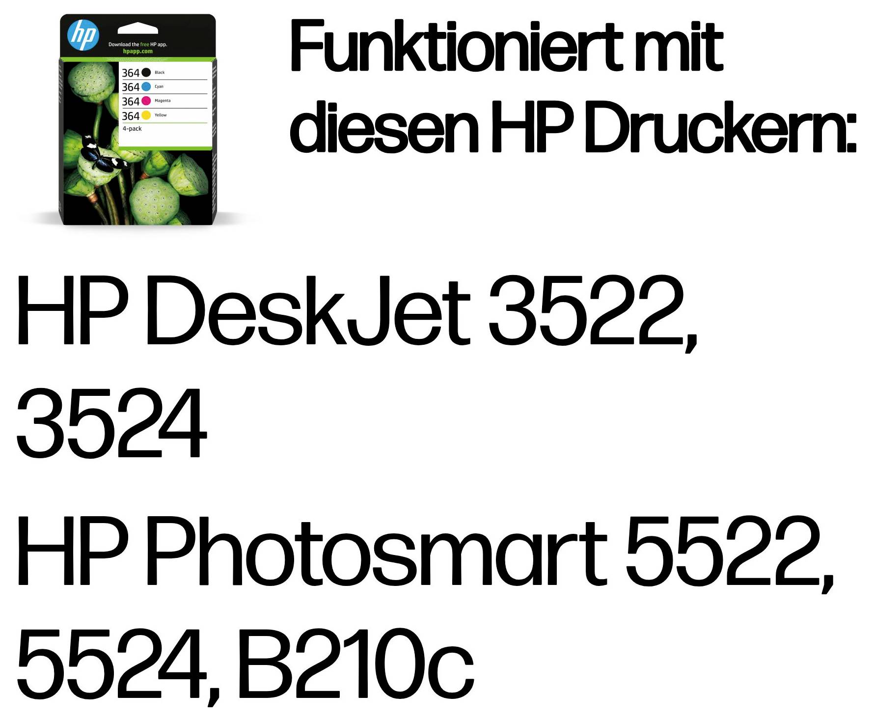 Annonce HP en allemand, imprimantes compatibles : DeskJet 3522, 3524, Photosmart 5522, 5524 et B210c.