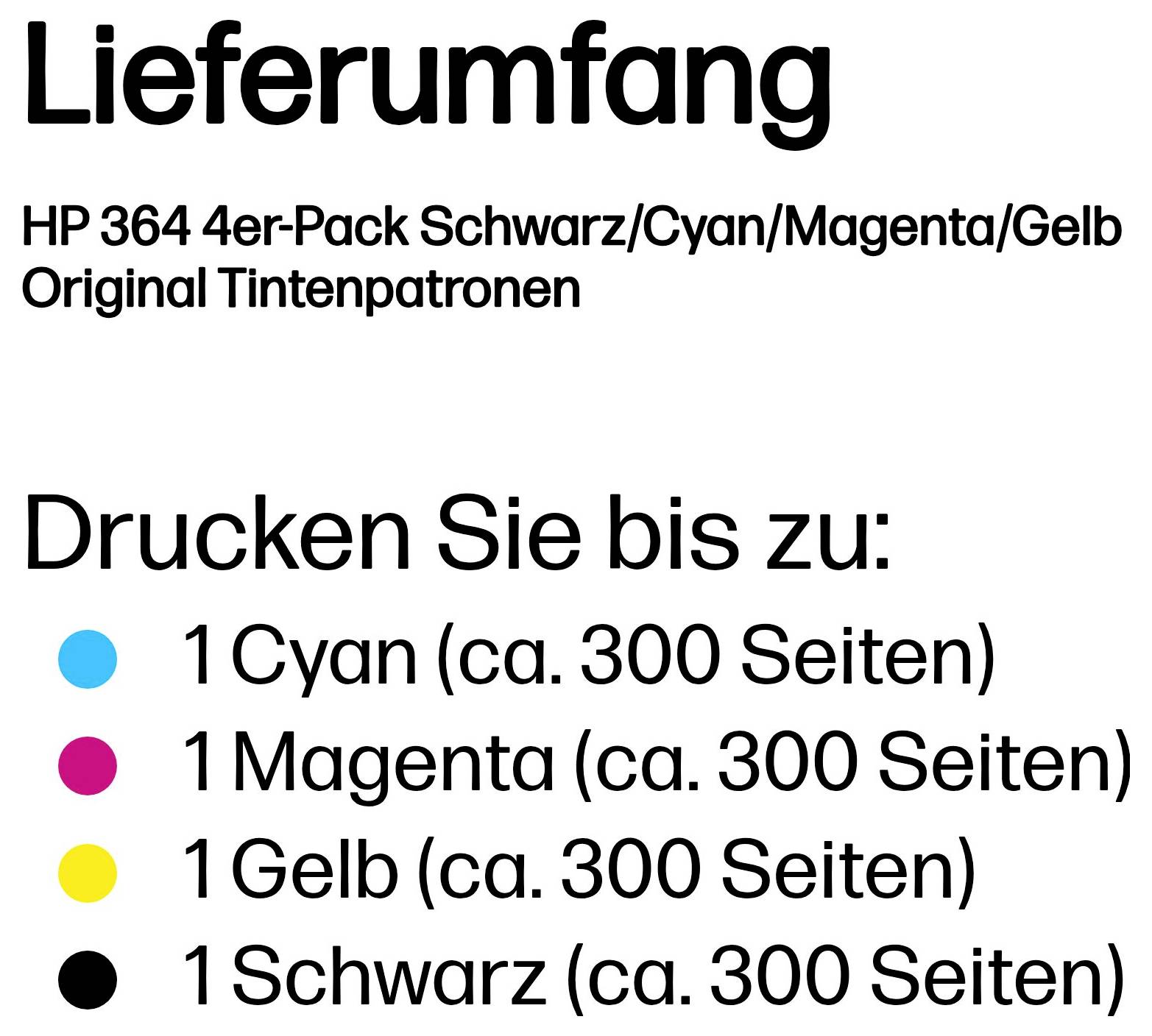 Cartouches d'encre originales HP 364 en lot de 4, noir, cyan, magenta et jaune ; chacune imprime environ 300 pages.