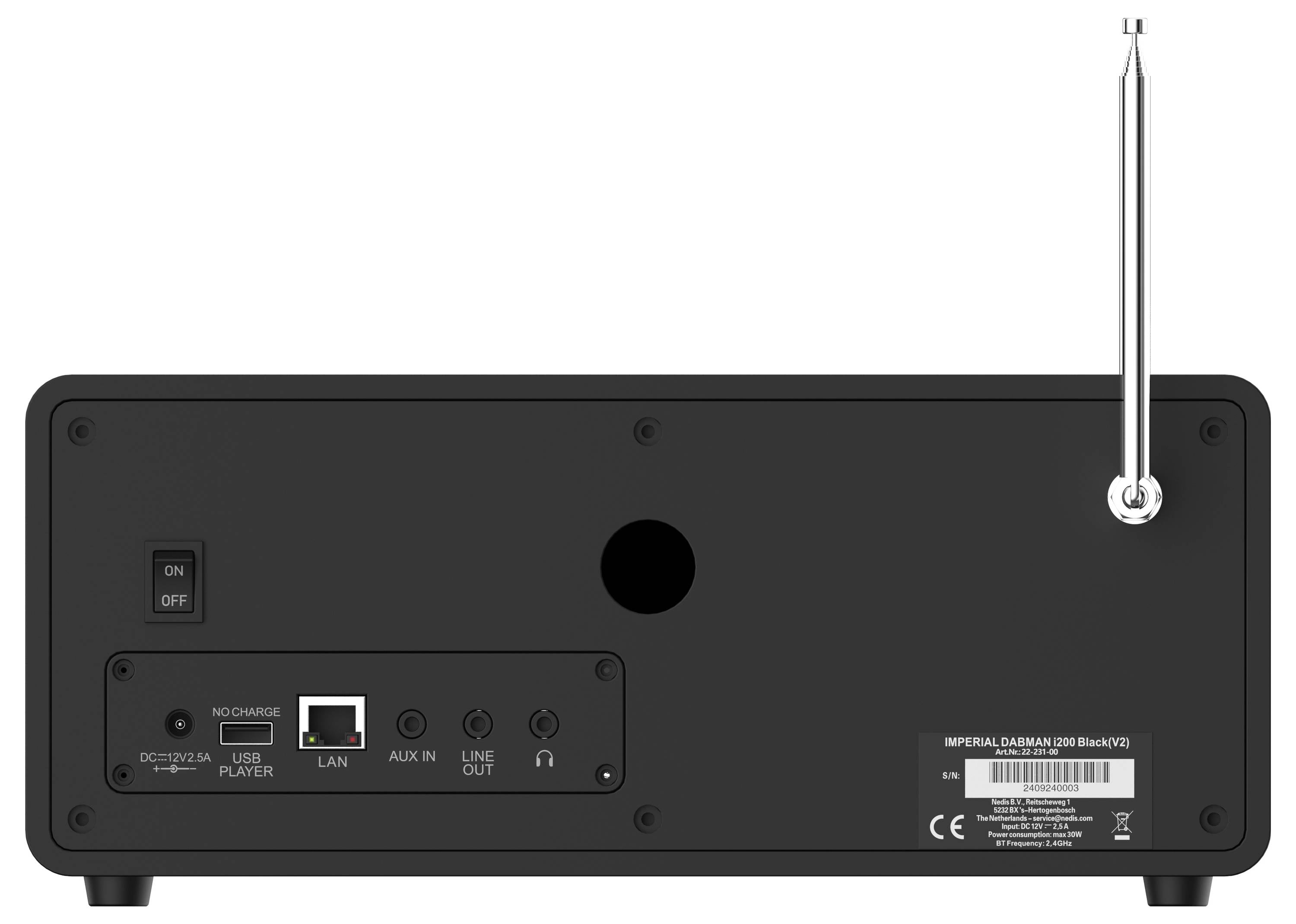 Un radio noir avec affichage et commandes, à côté d'une télécommande, des câbles, une antenne et le manuel d'instructions. Emballage en arrière-plan.