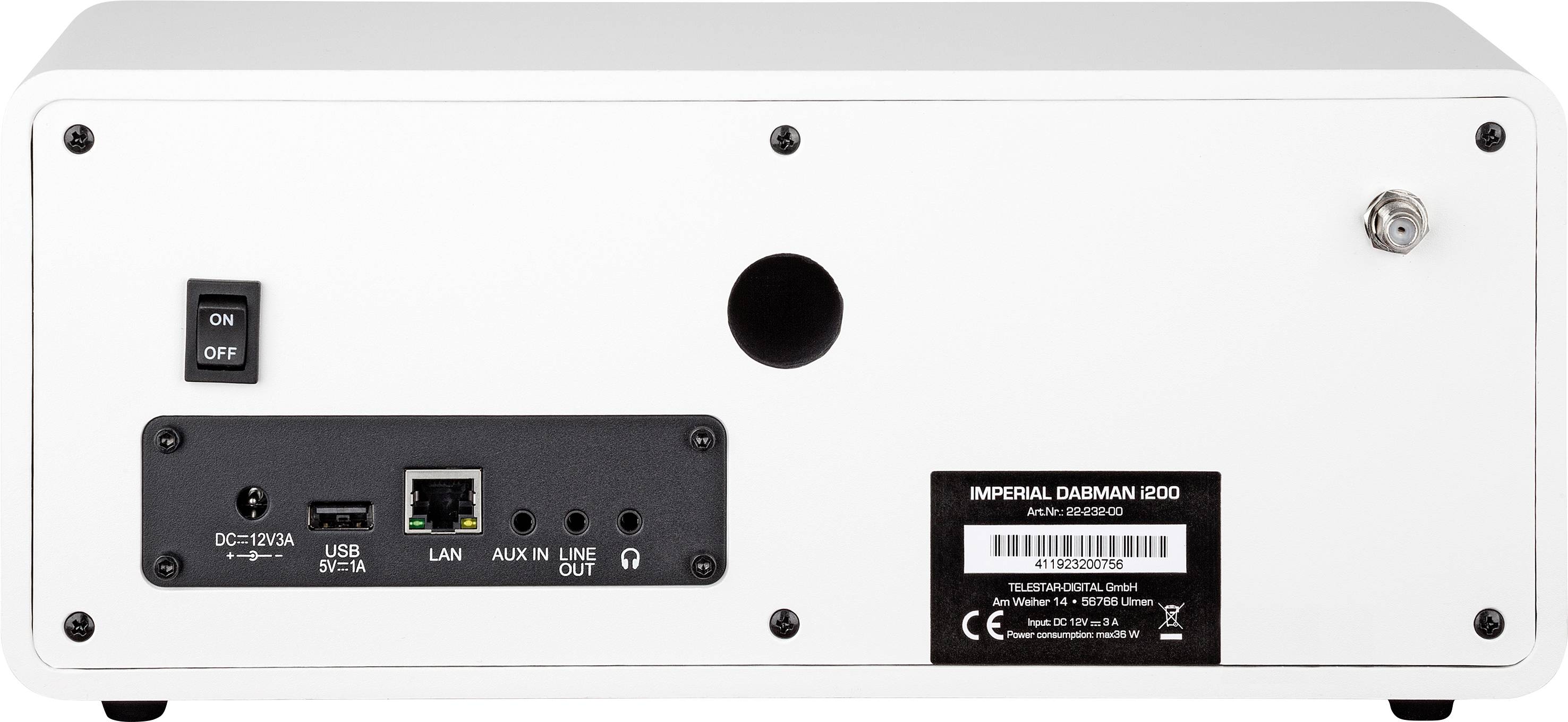Vue arrière d'un appareil électronique avec des ports pour LAN, USB, AUX et Line-Out, ainsi qu'un interrupteur marche/arrêt.