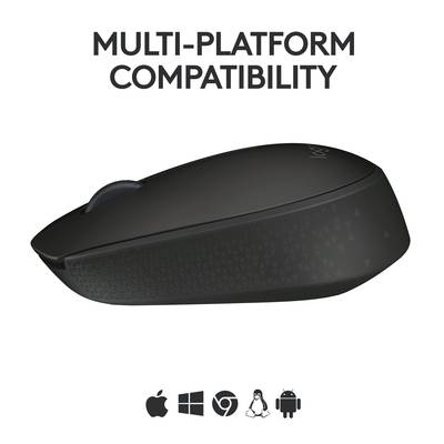 Une souris d'ordinateur noire avec le texte 'Compatibilité multiplateforme'. Symboles : Apple, Windows, Chrome, Linux.