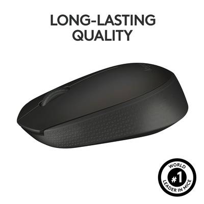 Souris d'ordinateur noire avec le texte 'Qualité de produit robuste'. En bas à droite, un badge indiquant 'Leader mondial n°1 des souris'.