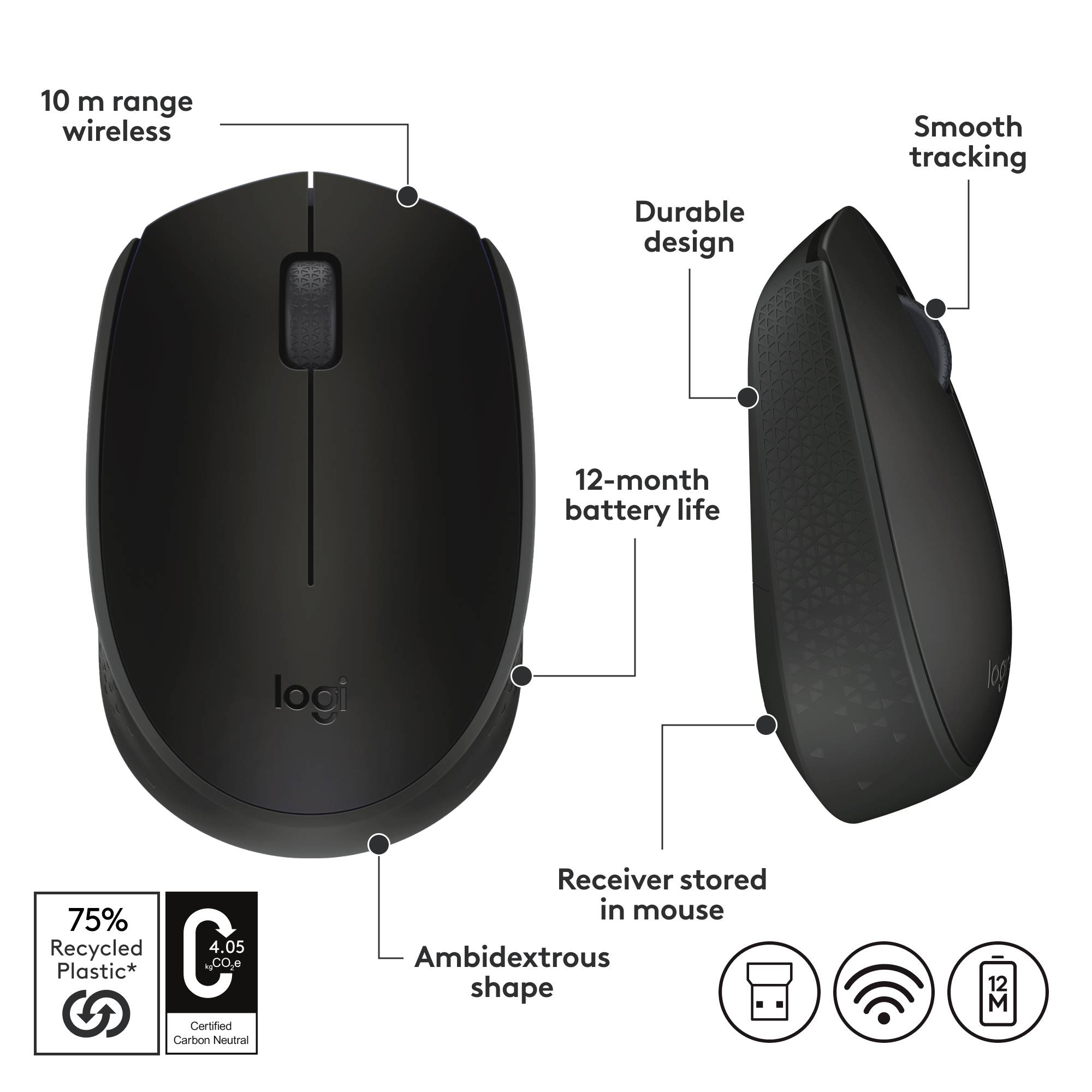 Souris sans fil noire, caractéristiques principales : portée de 10 m, design robuste, autonomie de batterie de 12 mois, utilisable des deux mains.