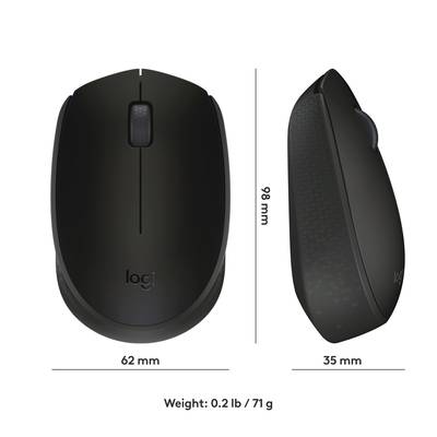 Vue de dessus et vue latérale d'une souris d'ordinateur sans fil noire de Logitech. Dimensions : 98 mm de hauteur, 62 mm de largeur, 35 mm de profondeur, poids : 71 g.