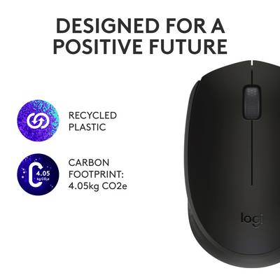 Une souris Logitech noire avec le texte 'Développée pour un avenir positif'. Des symboles indiquent des plastiques recyclés et le bilan carbone.