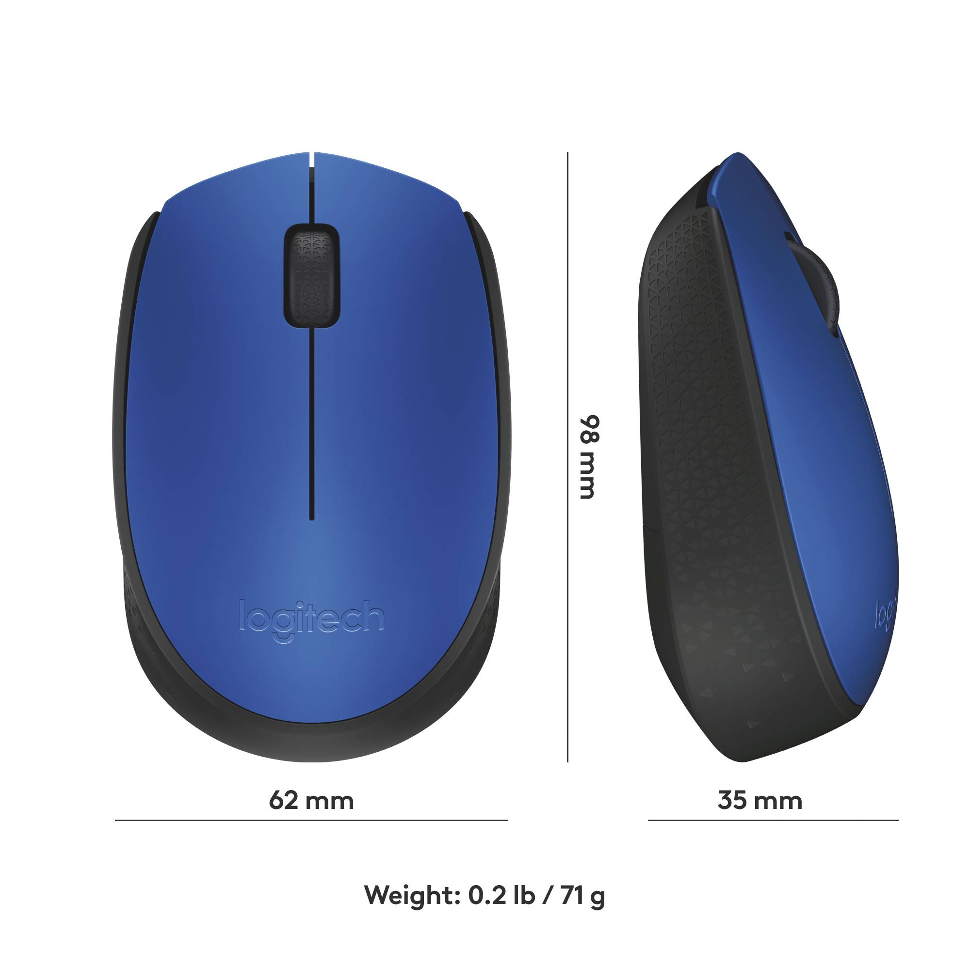 Illustration d'une souris d'ordinateur sans fil bleue avec les dimensions suivantes : 62 mm de largeur, 98 mm de hauteur, 35 mm de profondeur. Poids : 71 g.