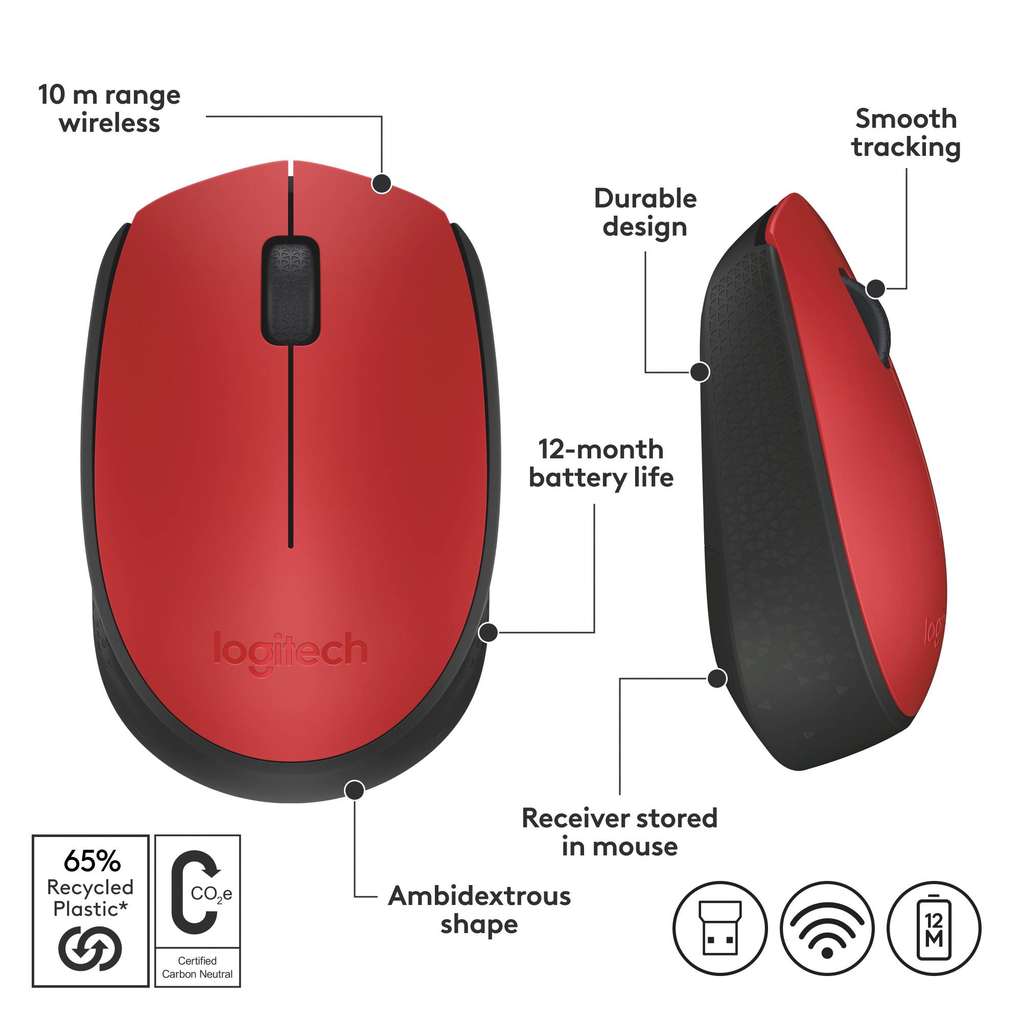 Souris Logitech rouge avec portée sans fil de 10 m, design robuste, autonomie de batterie de 12 mois, rangement du récepteur, conception adaptée aux droitiers et gauchers, fabriquée à 65% avec des matériaux recyclés.