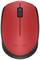 Une souris d'ordinateur rouge sans fil avec une molette de défilement noire et le logo 'Logitech' sur le dessus.