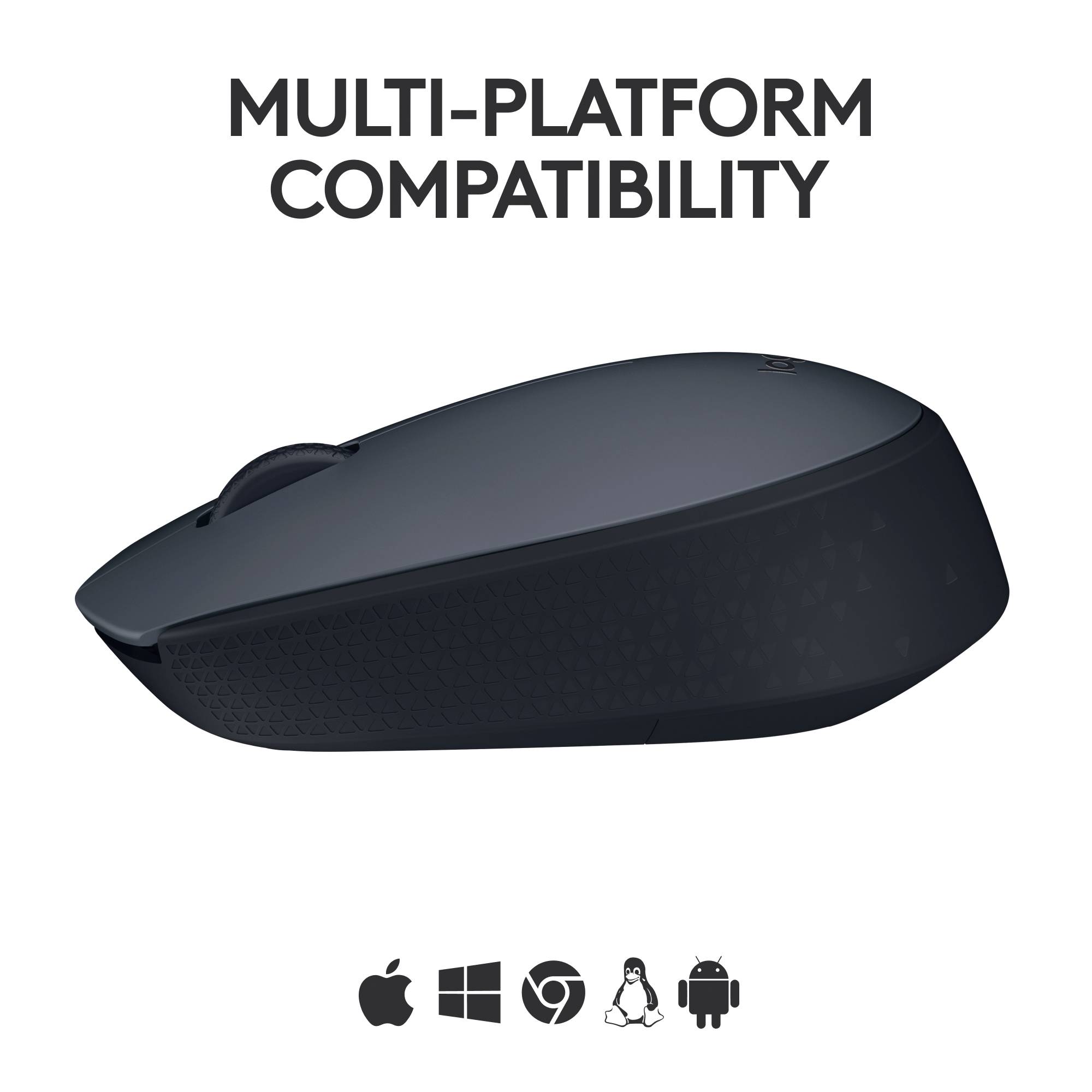 Une souris d'ordinateur noire est montrée de côté. En haut, il est écrit 'Compatibilité multiplateforme'. En bas se trouvent les logos d'Apple, Windows, Chrome et Linux.