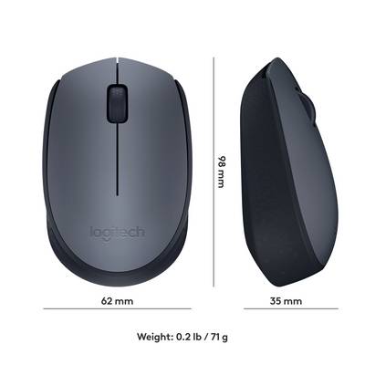 Souris sans fil en gris foncé, dimensions : 98 mm x 62 mm x 35 mm, poids : 71 g. Vue de dessus à gauche, vue latérale à droite.