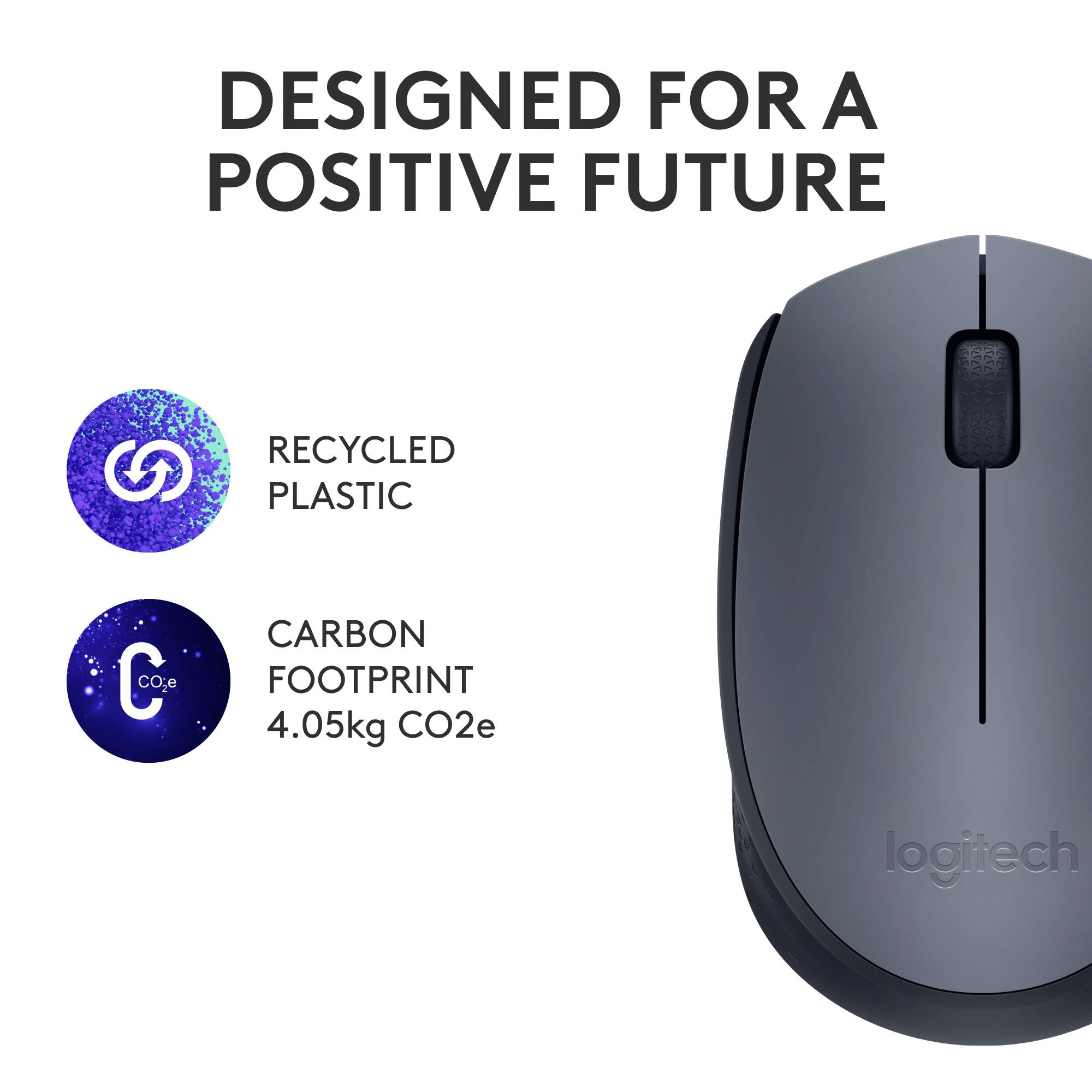 Une souris Logitech avec le texte 'Développée pour un avenir positif'. Symboles pour plastiques recyclés et empreinte carbone : 4,05 kg CO2e.