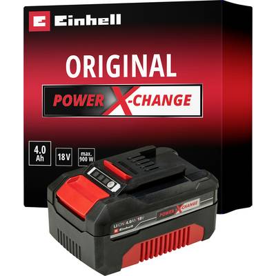 « Deux batteries Einhell Power X-Change avec indicateur de charge à LED et boîtier rouge. »