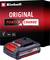 Deux batteries Einhell Power X-Change. La supérieure a une capacité de 2,0 Ah, l'inférieure de 5,2 Ah. Les deux sont noires avec des accents rouges.