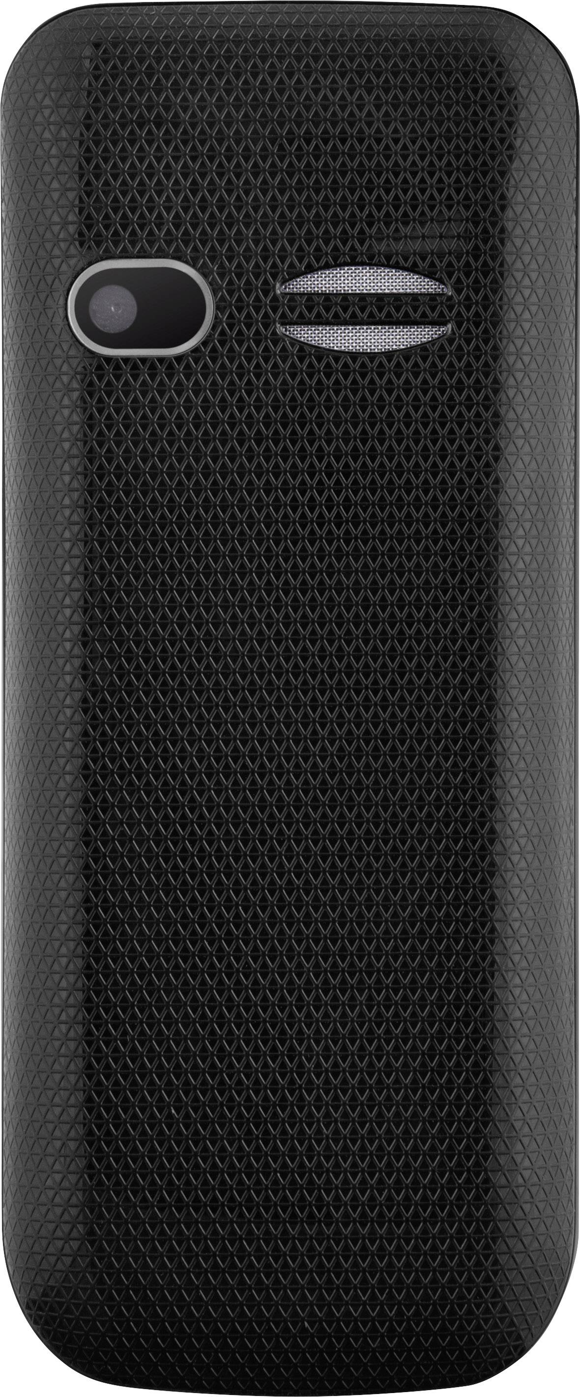 Dos noir d'un téléphone mobile avec caméra et haut-parleurs, motif géométrique sur la surface.