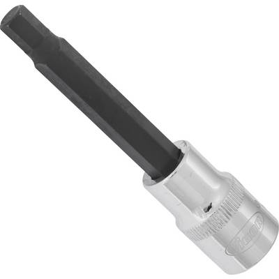 Une clé à cliquet en argent avec un embout hexagonal noir long, utilisée pour travailler avec des vis ou des boulons.