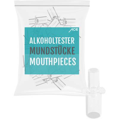 Emballage en plastique portant l'inscription 'Embouts pour éthylotest Mouthpieces'. Un embout est représenté à côté de l'emballage.
