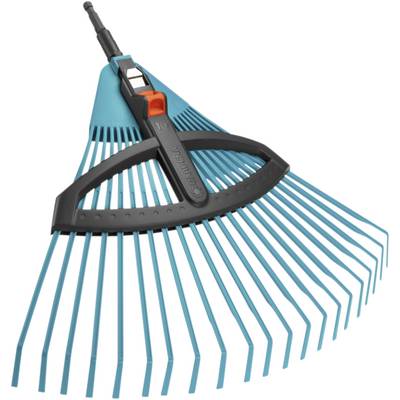 Râteau à feuilles bleu avec largeur réglable, dents en plastique et poignée noire, adapté pour le ramassage efficace des feuilles.