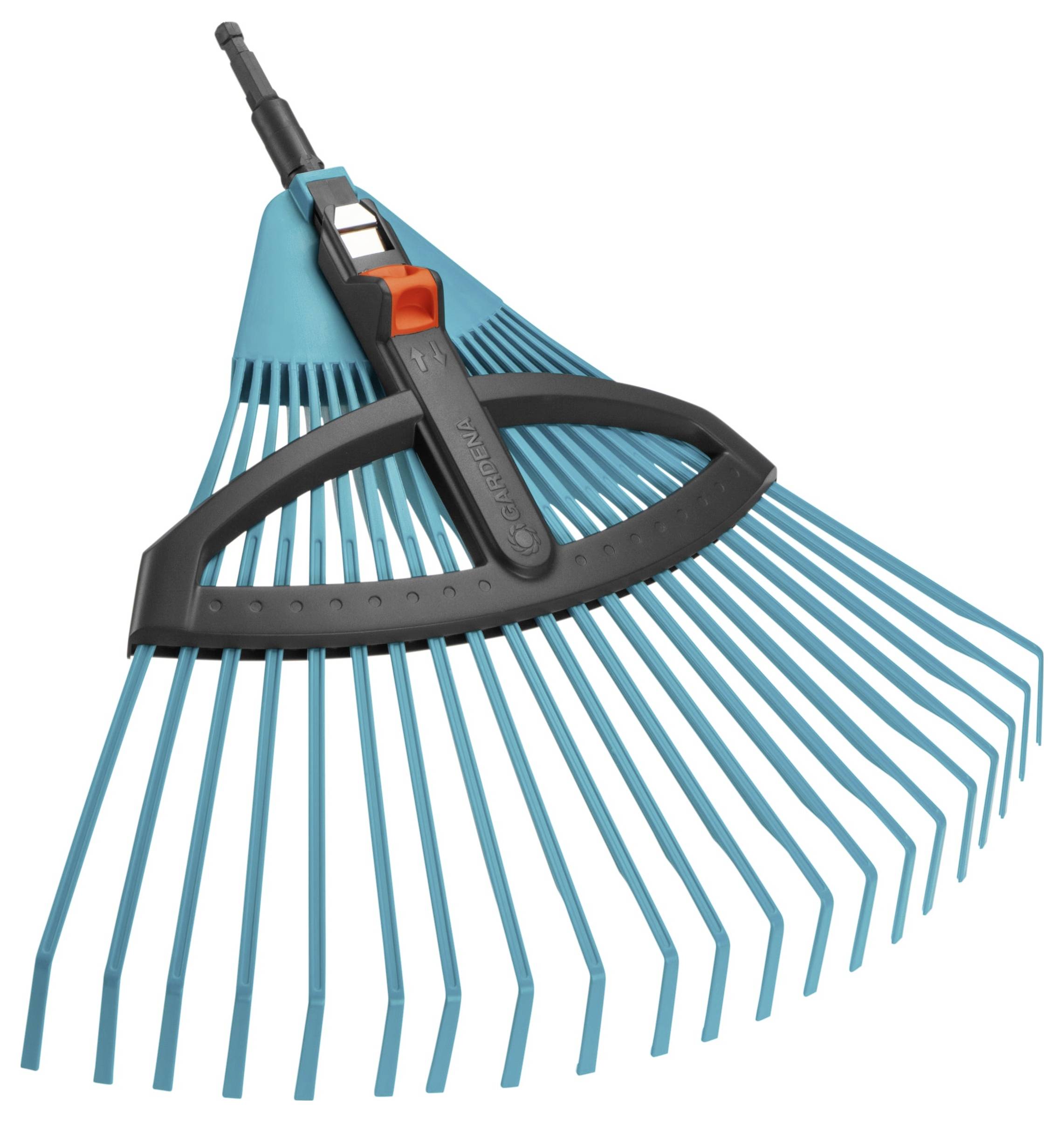 Un râteau à pelouse turquoise à largeur réglable avec une poignée noire, adapté pour ramasser les feuilles et les déchets de jardin.