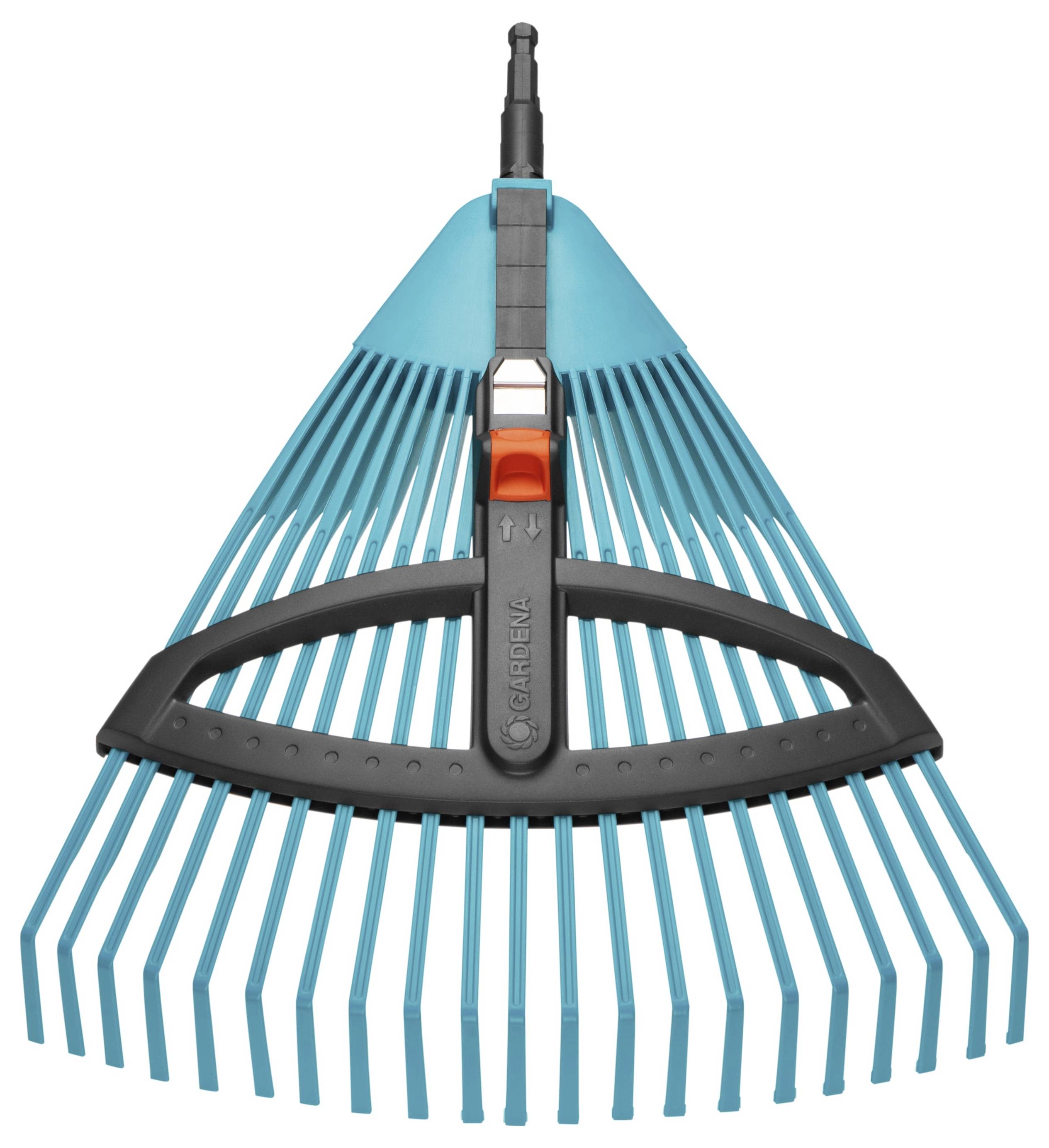 Balai à large tête avec dents en plastique bleu et manche noir, idéal pour ramasser les feuilles dans le jardin.