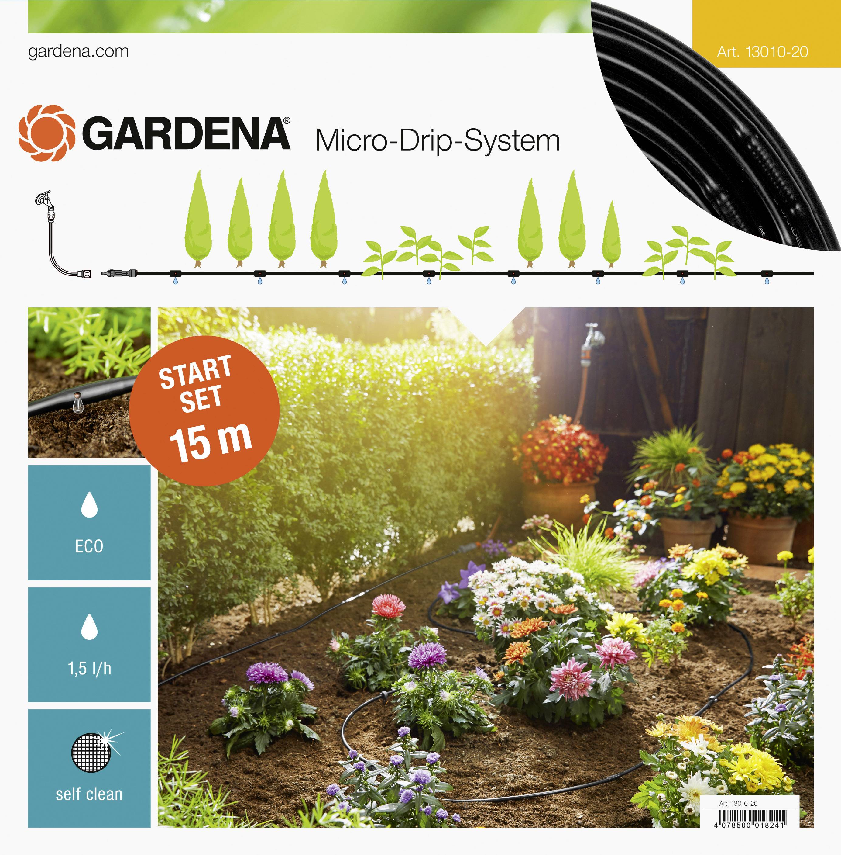 Système Micro-Drip de Gardena pour l'irrigation efficace des plantes. Kit de 15 m, ECO, débit de 1,5 l/h, auto-nettoyant, idéal pour les jardins.