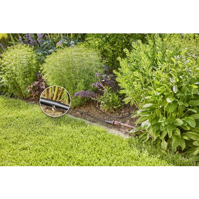 Un tuyau d'arrosage percé de petits trous irrigue des plantes vertes et des fleurs sur une pelouse. Un détail agrandi montre une goutte d'eau.