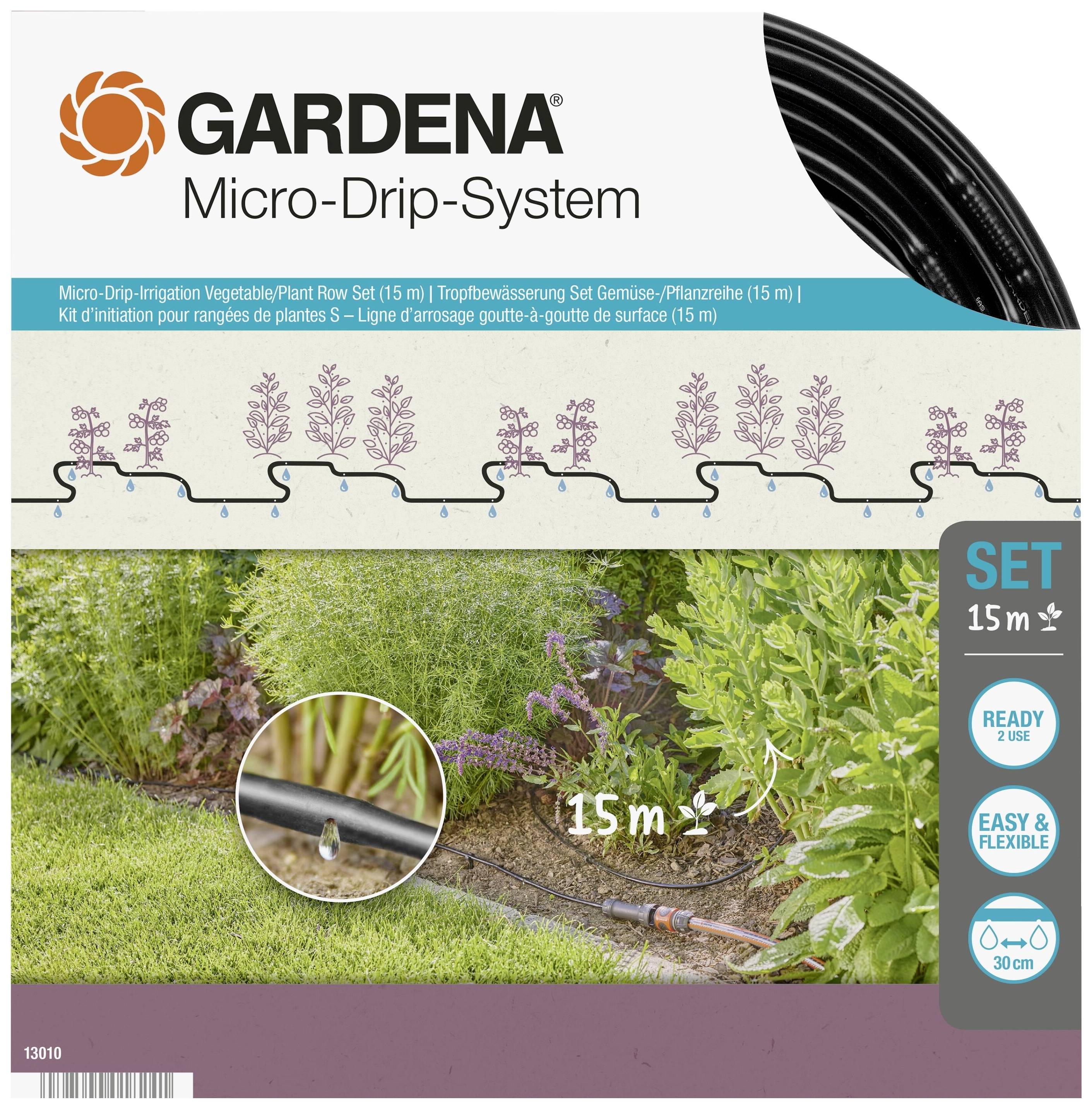 Système de micro-irrigation GARDENA pour l'arrosage des plantes, 15 m. Comprend des tuyaux et des accessoires pour un arrosage au goutte-à-goutte flexible et facile.