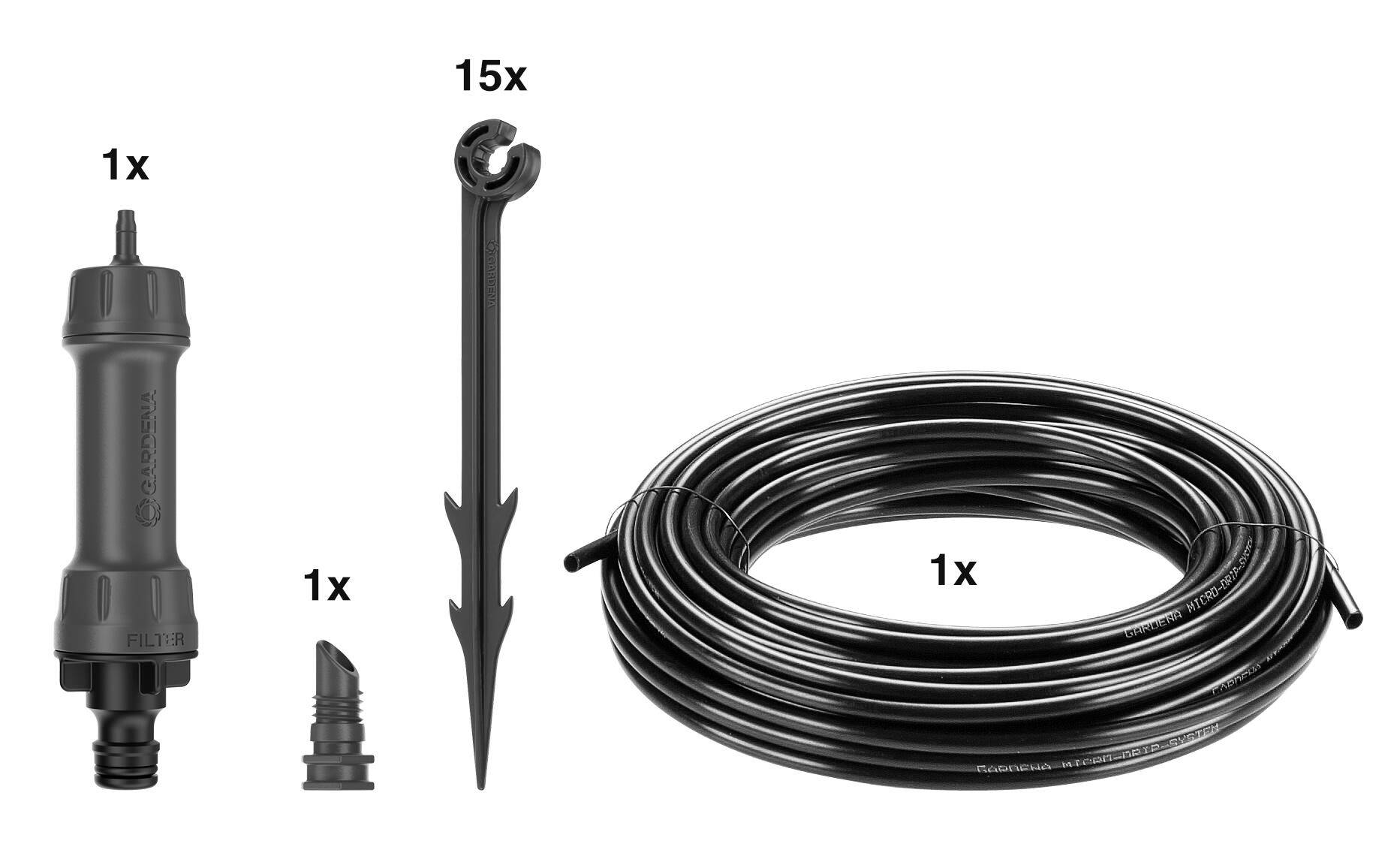 Un ensemble d'irrigation comprend un filtre à eau, un raccord, 15 supports de plantes et un tuyau.