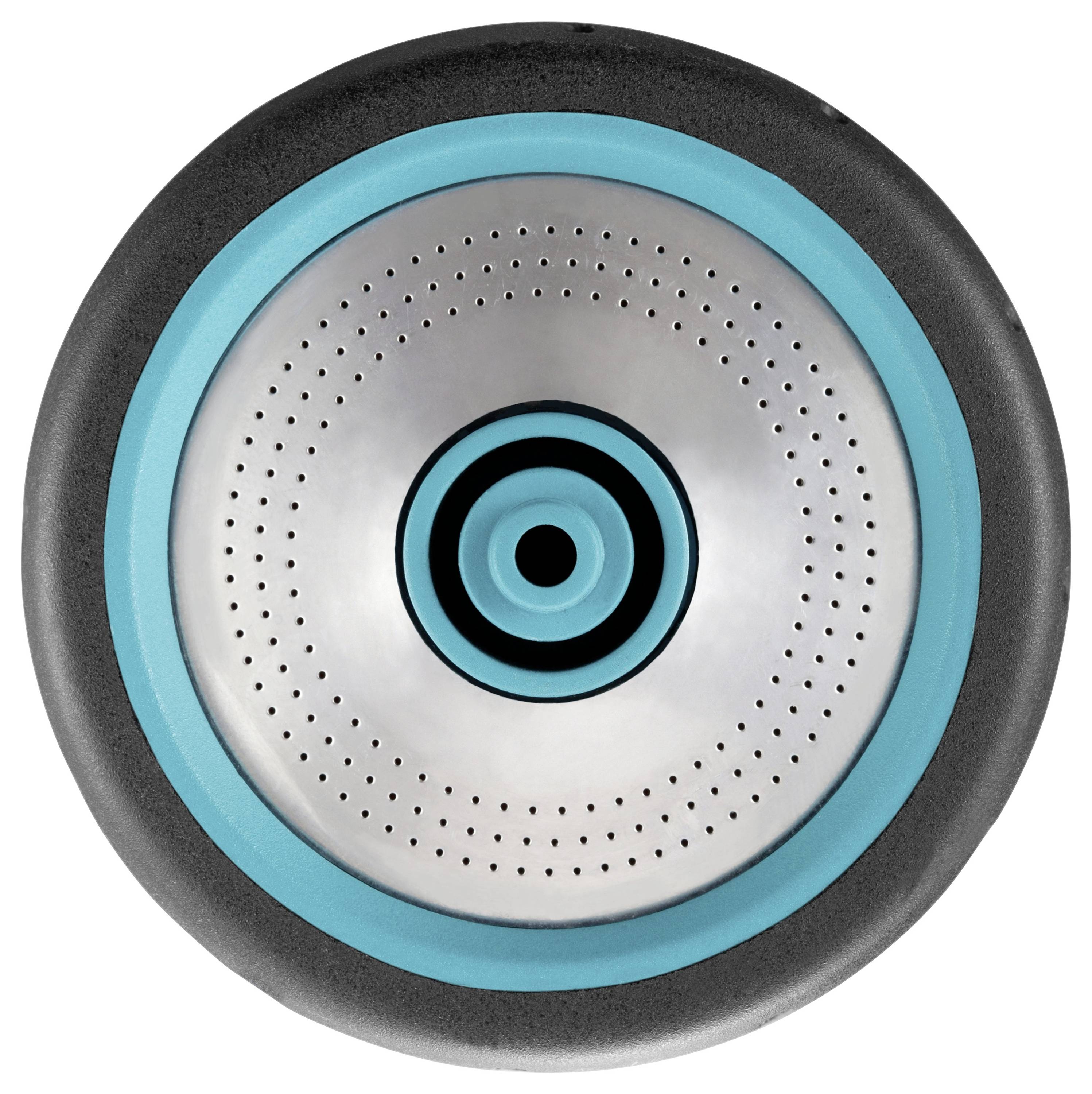 Objet rond, argenté et bleu avec des cercles concentriques et de petits trous, entouré d'une bordure extérieure noire.