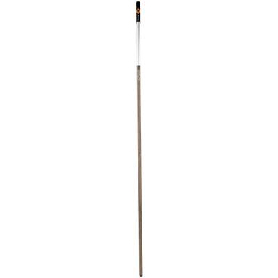 Une tige en bois et en métal avec une extrémité noire et orange, probablement un manche d'outil.