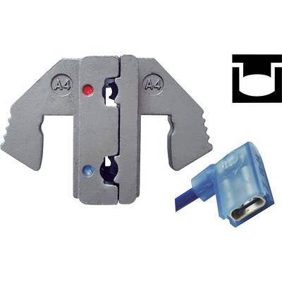 Adaptateur métallique portant l'inscription 'A4' et deux points de couleur, bleu et rouge. Un insert en plastique bleu en bas à droite. Un logo noir et blanc en haut à droite.
