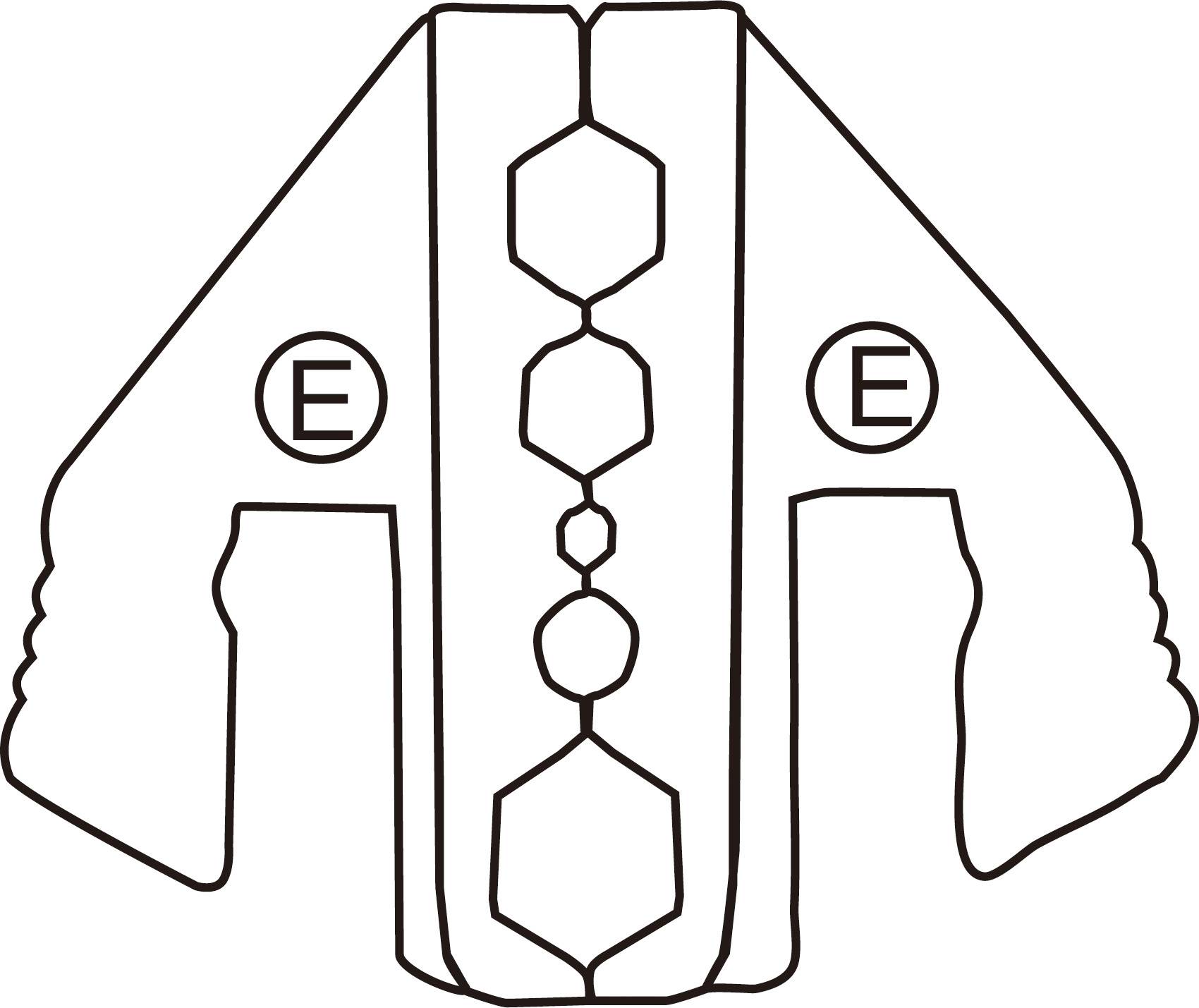 Dessin au trait d'un outil à sertir les cosses électriques, comportant des formes hexagonales adaptées à différentes sections de câbles.