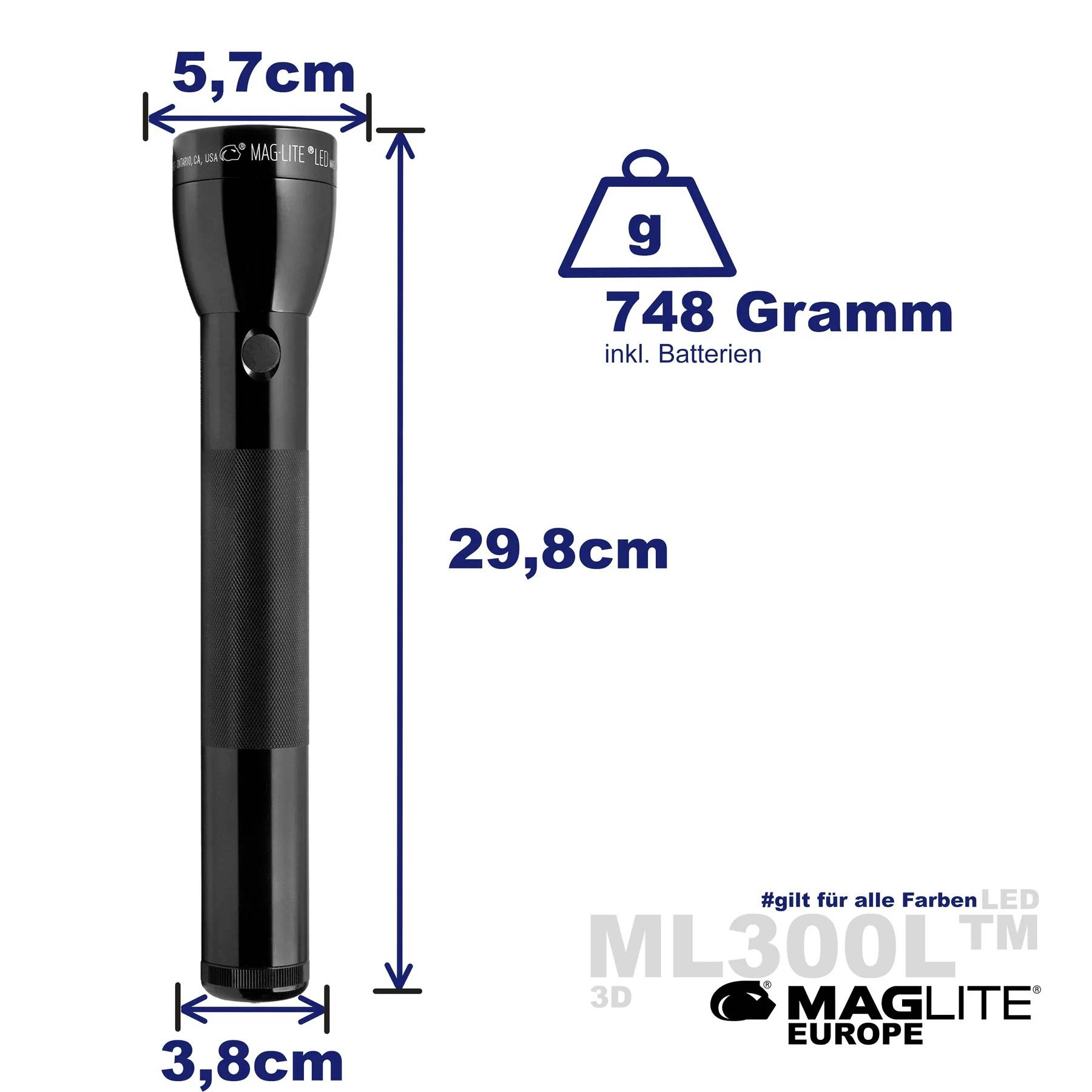 Une lampe de poche Maglite noire mesurant 29,8 cm de long, avec un diamètre de tête de 5,7 cm, un diamètre de poignée de 3,8 cm et pesant 748 grammes, batteries comprises.
