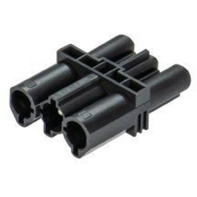 Un connecteur noir en plastique avec plusieurs bornes rondes et rectangulaires, adapté pour la connexion électrique de plusieurs câbles.