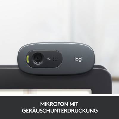 Une webcam grise portant l'inscription 'logi' et affichant une résolution de 720p est posée sur un écran. Texte en dessous : « Microphone avec réduction de bruit ».