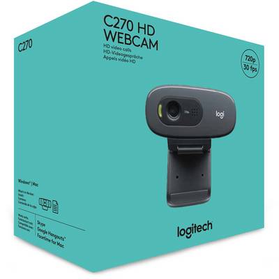 Emballage d'une webcam Logitech C270 HD, montrant l'image du produit, 720p, 30 fps, compatible avec Windows et Mac, pour les vidéoconférences.
