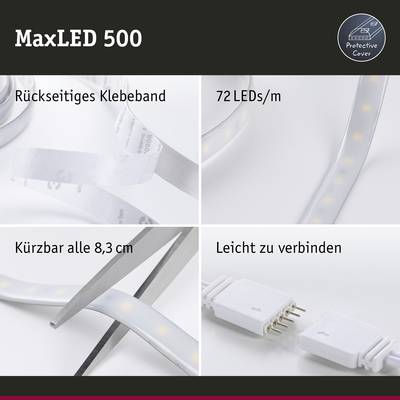 Bande MaxLED 500. Ruban adhésif au dos, 72 LED/m. Raccourcissable tous les 8,3 cm. Facile à connecter.