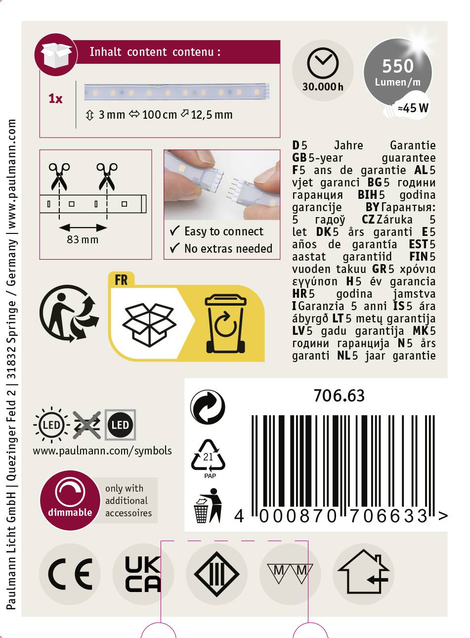 Étiquette d'emballage pour LED-Strip 550 lumens par mètre, 4,5W, de 3 à 100 cm. Contient des informations de garantie et un code QR.