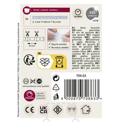 Étiquette d'emballage pour LED-Strip 550 lumens par mètre, 4,5W, de 3 à 100 cm. Contient des informations de garantie et un code QR.